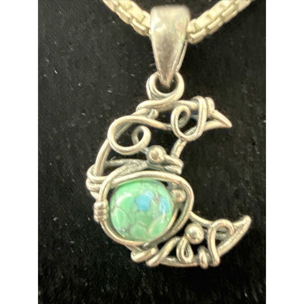 Rare Blue & Green Variscite Cabachon Moon On Sterling  Silver Box Chain 15"